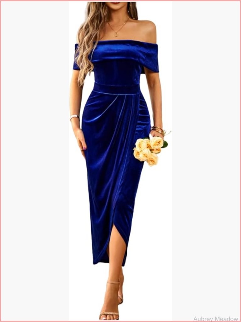 Velvet Wrap Off Shoulder Dress Ruched Cocktail Midi